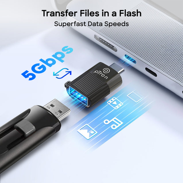 pTron Nexo USB 3.0 to Type C OTG Adaptor, 5Gbps High Speed Data Transfer, Compatible for All Type C Devices, Smartphones/Laptops/Tablets/Chargers, Sleek & Compact Design & Metal Alloy Build (Black)