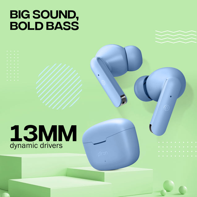 pTron Bassbuds Air In-Ear TWS Earbuds with 13mm Driver for Immersive Sound, 32Hrs Playtime, Clear Calls, Bluetooth V5.1, Touch Control, TypeC Fast Charging, Voice Assist & IPX4 Water Resistant (Blue Matt)