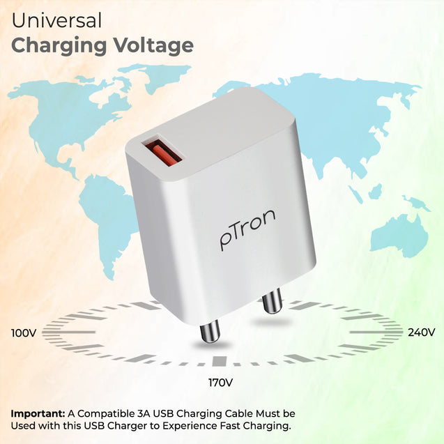 pTron Volta FC12 20W QC3.0 Smart USB Charger with 1m iOS USB Cable, Made in India, Auto-detect Technology, Multi-Layer Protection Travel Adapter, Fast Charging Power Adaptor for iOS Devices (White)