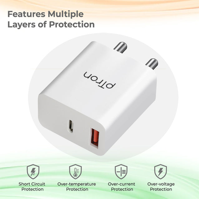 pTron Volta FC15 20W Dual Port USB & Type-C (PD) Fast Charger, BIS Certified Wall Adapter for iPhone 12/12 Pro/12 Mini/12 Pro Max/11/XS/XR/X/8/Plus, iPad Pro, Galaxy 10/9/8 (Cable Not Included, White)