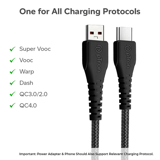 pTron Solero Braid 60W Fast Charging Type C 1.5m USB Cable for VOOC/Super VOOC/Dash/Warp/QC3.0/QC2.0 Smartphones & Other Type-C Devices, Unbreakable Nylon Braid & 480Mbps Data Sync Speed (Black)