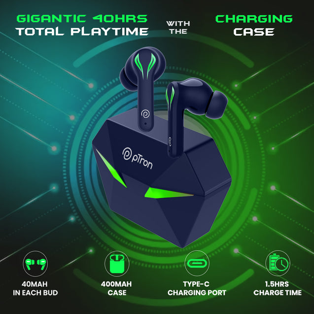 pTron Bassbuds Jade Truly Wireless Earbuds, 40ms Gaming Low Latency TWS, Stereo Calls, 40Hrs Playtime, Punchy Bass, in-Ear Bluetooth Headphones, Fast Type-C Charging & IPX4 Waterproof (Blue)