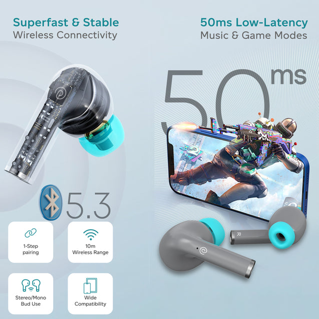 pTron Bassbuds Neo TWS Earbuds, HD Mic & TruTalk AI-ENC Calls, Immersive Sound, Game/Music Modes, 35H Playtime, in-Ear Bluetooth 5.3 Headphones, Type-C Fast Charging & IPX5 Water Resistant (Smoke Grey)