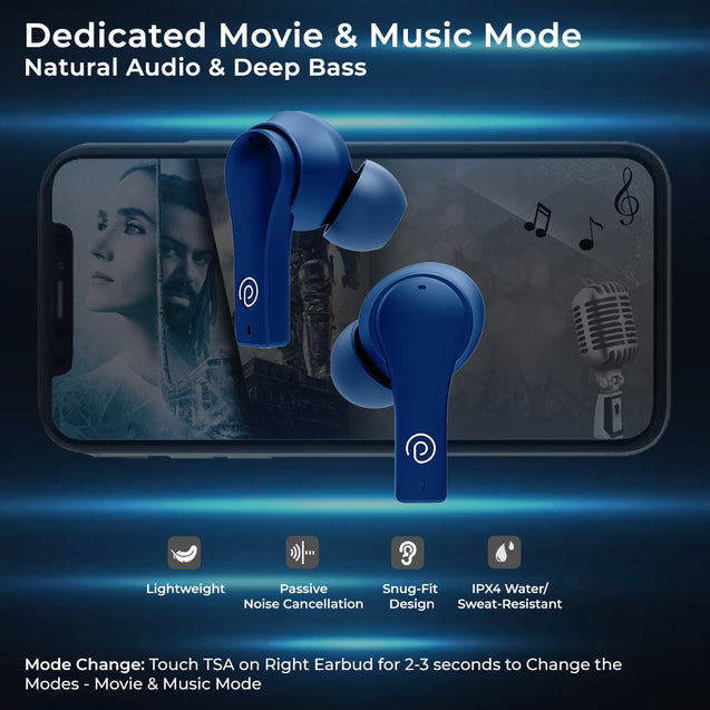 pTron Bassbuds Tango in-Ear TWS Earbuds, TruTalk AI-ENC Calls, Movie Mode, 40Hrs Playtime, Bluetooth 5.1 Headphone with HD Mics, Touch Control, IPX4 Water-Resistant & Type-C Fast Charging (Bold Blue)