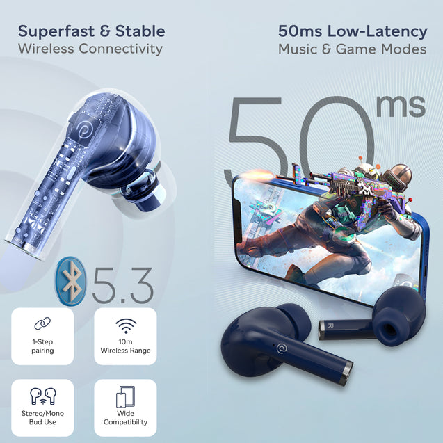 pTron Bassbuds Neo TWS Earbuds, HD Mic & TruTalk AI-ENC Calls, Immersive Sound, Game/Music Modes, 35H Playtime, in-Ear Bluetooth 5.3 Headphones, Type-C Fast Charging & IPX5 Water Resistant (Royal Blue)