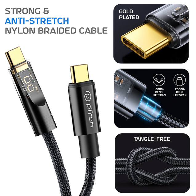pTron Pace 80W Type-C to Type-C Cable 1M (Black)