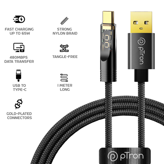 pTron Pace 65W USB to Type-C Cable 1M (Black)