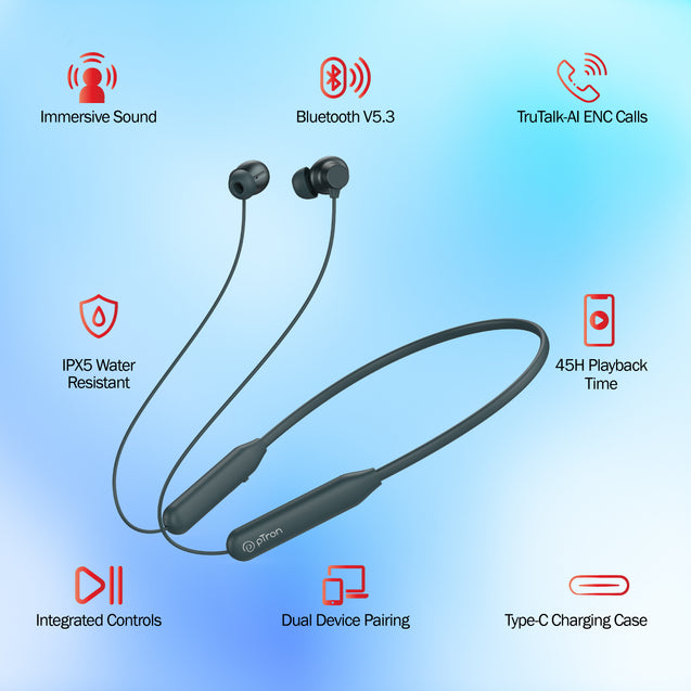 pTron Tangent Eon in Ear Bluetooth 5.3 Wireless Headphones, 45H Playtime, HD Mic & Trutalk AI-ENC Calls, Movie/Music Modes, Dual Device Pairing & Type-C Fast Charging & IPX5 (Grey)