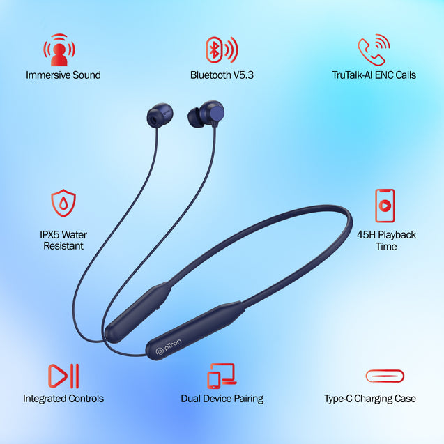 pTron Tangent Eon in Ear Bluetooth 5.3 Wireless Headphones, 45H Playtime, HD Mic & Trutalk AI-ENC Calls, Movie/Music Modes, Dual Device Pairing & Type-C Fast Charging & IPX5 (Dark Blue)