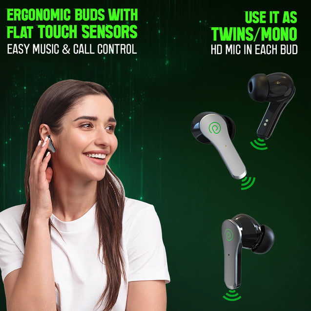 pTron Bassbuds Rush In-Ear TWS Earbuds with Mic, Gaming 40ms Low Latency, TruTalk AI-ENC Calls, 35H Playtime, Bluetooth 5.3 Headphones, Voice Assist, Type-Fast Charge & IPX4 Water Resistant (Bold Black)