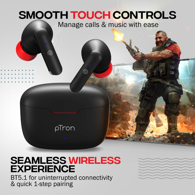 pTron Bassbuds Joy in-Ear Wireless Earbuds, Immersive Sound, 32Hrs Playtime, Clear Calls TWS Earbuds, Bluetooth V5.1 Headphone, Type-C Fast Charging, Voice Assist & IPX4 Water Resistant (Black & Red)