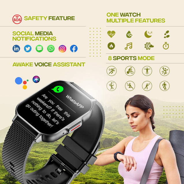 pTron Reflect Classic 2.01 inch Square Dial Smartwatch, Bluetooth Calling, Full Touch Display, 600 NITS, Metal Frame, 100+ Watch Faces, HR, SpO2, Voice Assist, 5 Days Battery Life (Black)