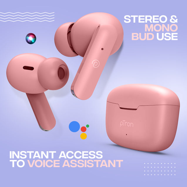 pTron Bassbuds Joy in-Ear Wireless Earbuds, Immersive Sound, 32Hrs Playtime, Clear Calls TWS Earbuds, Bluetooth V5.1 Headphone, Type-C Fast Charging, Voice Assist & IPX4 Water Resistant (Pink)