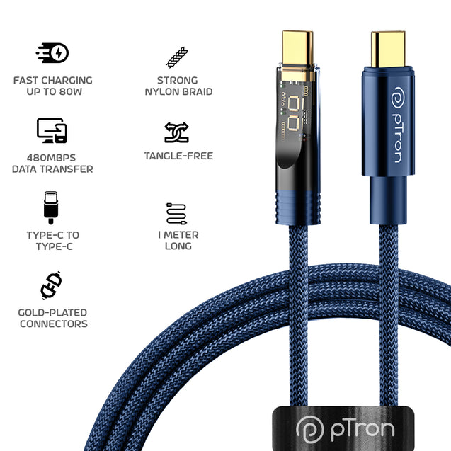 pTron Pace 80W Type-C to Type-C Cable 1M (Blue)