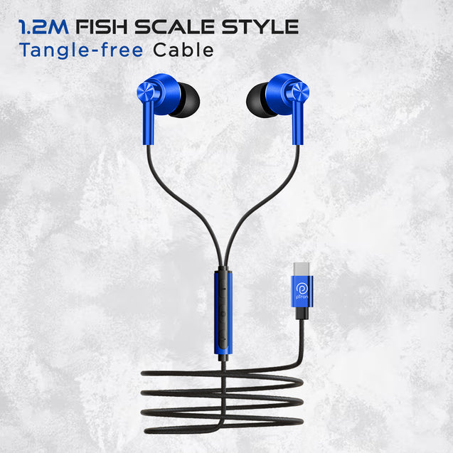 pTron Boom Play X1 In-Ear Type C Wired Headphones with Mic, 13mm Driver for Immersive Audio, 1.2m Fish Scale Style Tangle-free Cable, In-line Controls, Metal Buds, Snug-fit & Wide Compatibility (Blue)