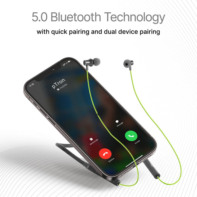 pTron Tangentbeat in Ear Bluetooth 5.0 Wireless Headphones with HD Mic, Deep Bass, Clear Calls, Dual Device Pairing Wireless Neckband, Fast Charging, Voice Assistant & IPX4 Water Resistant (Green/Grey)