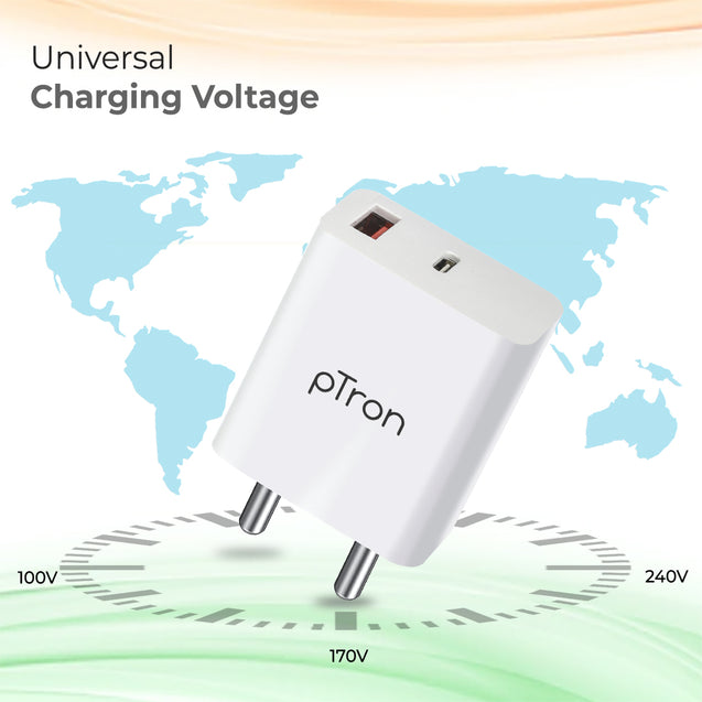 pTron Volta FC15 20W Dual Port USB & Type-C (PD) Fast Charger, BIS Certified Wall Adapter for iPhone 12/12 Pro/12 Mini/12 Pro Max/11/XS/XR/X/8/Plus, iPad Pro, Galaxy 10/9/8 (Cable Not Included, White)