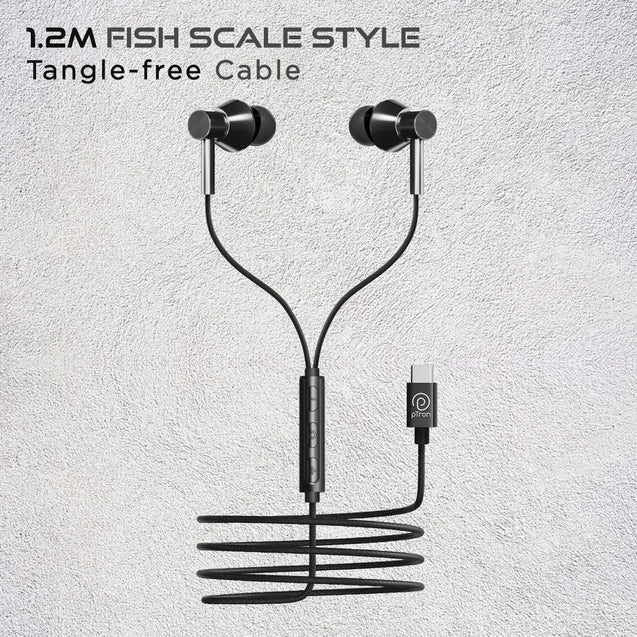 pTron Boom Play X1 In-Ear Type C Wired Headphones with Mic, 13mm Driver for Immersive Audio, 1.2m Fish Scale Style Tangle-free Cable, In-line Control, Metal Buds, Snug-fit & Wide Compatibility (Black)