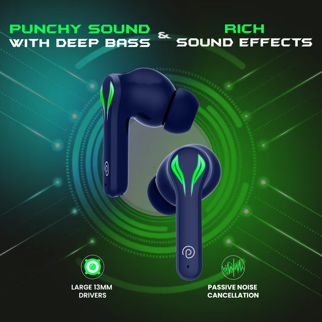 pTron Bassbuds Jade Truly Wireless Earbuds, 40ms Gaming Low Latency TWS, Stereo Calls, 40Hrs Playtime, Punchy Bass, in-Ear Bluetooth Headphones, Fast Type-C Charging & IPX4 Waterproof (Blue)
