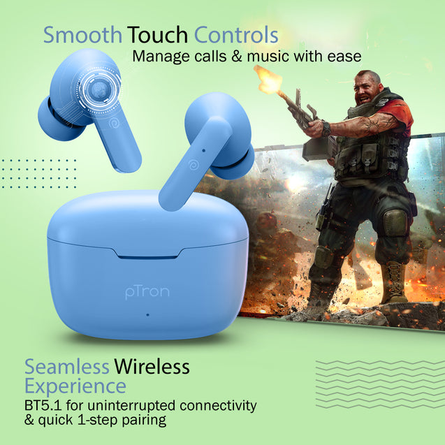pTron Bassbuds Air In-Ear TWS Earbuds with 13mm Driver for Immersive Sound, 32Hrs Playtime, Clear Calls, Bluetooth V5.1, Touch Control, TypeC Fast Charging, Voice Assist & IPX4 Water Resistant (Blue Matt)