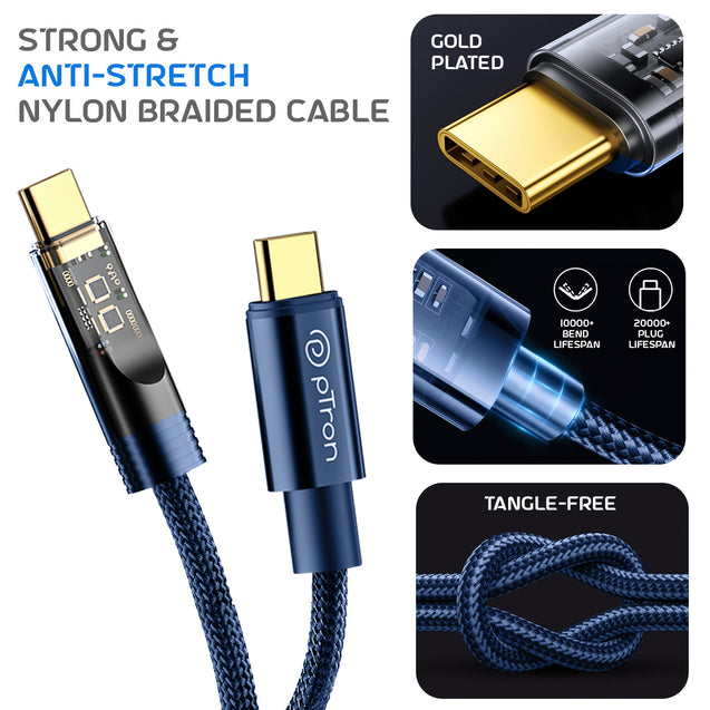 pTron Solero 80W Type-C to Type-C Fast Charging USB Cable, Compatible with Samsung, OnePlus, Oppo, Vivo,Xiaomi & Other Devices, Unbreakable Nylon Braid & 480Mbps Data Sync Speed (1m, Bold Blue)