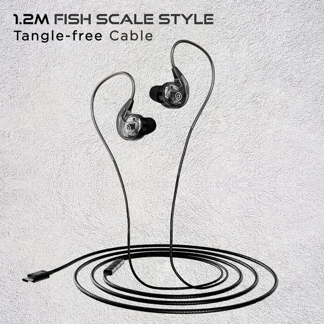 pTron Boom Play X2 In-Ear Type C Wired Headphones with Mic, Ear-Hook Design, 13mm Drivers for Immersive Audio, 1.2m Fish Scale Style Tangle-free Cable, In-line Controls & Wide Compatibility (Black)