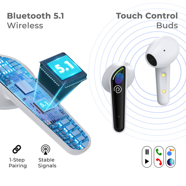 pTron Bassbuds Nyx in-Ear TWS Earbuds, Immersive Audio, Bluetooth 5.1 Wireless Headphones, HD Mic, 50ms Movie Mode, Digital Case, Type-C Fast Charging & IPX4 Water Resistant (Pearl White & Black)