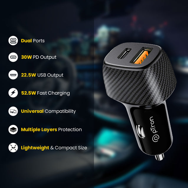 pTron Bullet Zip Mini 52.5W Car Charger with Dual Output, Super VOOC/VOOC Compatible, Fast Charging 30W Type-C/PD & 22.5W USB QC 3.0A & Multiple Protection Layers (Black)