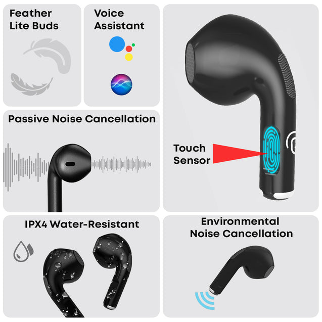 pTron Bassbuds Revv In-Ear TWS Earbuds with Mic, AI-ENC Calling, 50ms Low Latency, 13mm Driver, Punchy Bass, 28Hrs Playtime, BT5.3 Headphones, Touch Control, Type-C Fast Charging & IPX4 (Jet Black)