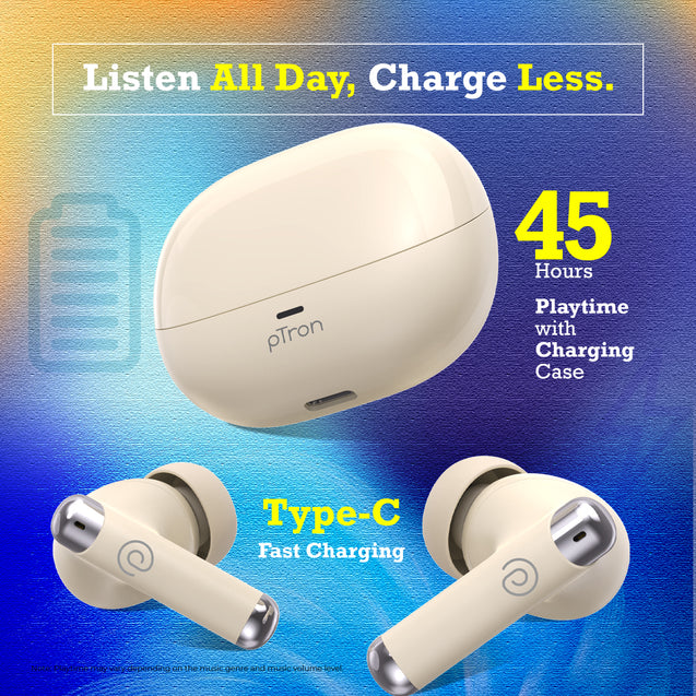 pTron Zenbuds Evo X5 34dB ANC TWS Earbuds, Transparency Mode, 4 Mic ENC Calls, 45H Playtime, 40ms Low-Latency, in-Ear Bluetooth 5.3 Wireless Headphones & Type-C Charging (Pearl White)