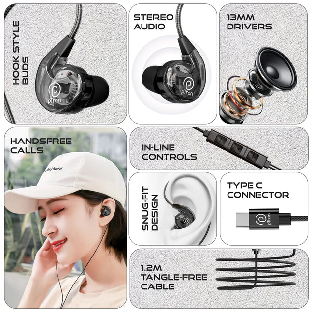 pTron Boom Play X2 In-Ear Type C Wired Headphones with Mic, Ear-Hook Design, 13mm Drivers for Immersive Audio, 1.2m Fish Scale Style Tangle-free Cable, In-line Controls & Wide Compatibility (Black)