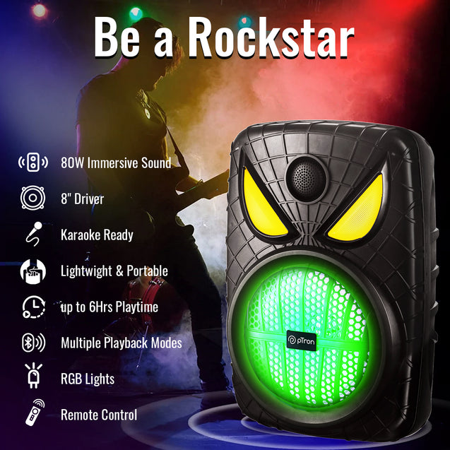 pTron Fusion Party Evo 80W Karaoke Bluetooth Party Speaker, 3M Wired Microphone, Punchy Bass, RGB Lights, USB/SD Card/AUX Playback, Auto TWS Function & Remote Control (Black)