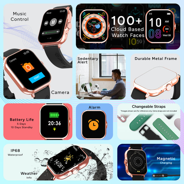 pTron Force X12N Bluetooth Calling Smartwatch, 1.85" Full Touch Display, Heart Rate Check, Watch Faces, Voice Assistance, Inbuilt Games, 5 Days Battery & IP68 Waterproof (Black & Gold)