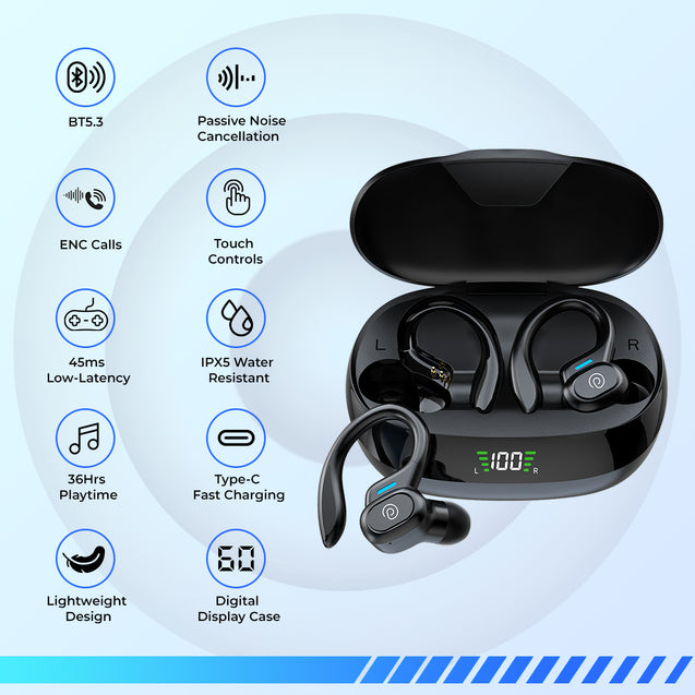 pTron Bassbuds Sports V4 Wireless in-Ear TWS Earbuds with Mic, TruTalk AI-ENC Stereo Calls, Game/Music Modes, 36Hrs Playtime, BT5.3, Type-C Fast Charging & IPX5 Water Resistant (Black)