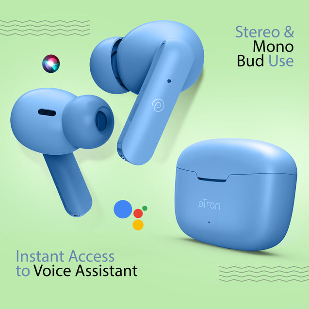 pTron Bassbuds Air In-Ear TWS Earbuds with 13mm Driver for Immersive Sound, 32Hrs Playtime, Clear Calls, Bluetooth V5.1, Touch Control, TypeC Fast Charging, Voice Assist & IPX4 Water Resistant (Blue Matt)