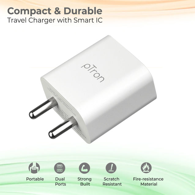 pTron Volta FC15 20W Dual Port USB & Type-C (PD) Fast Charger, BIS Certified Wall Adapter for iPhone 12/12 Pro/12 Mini/12 Pro Max/11/XS/XR/X/8/Plus, iPad Pro, Galaxy 10/9/8 (Cable Not Included, White)