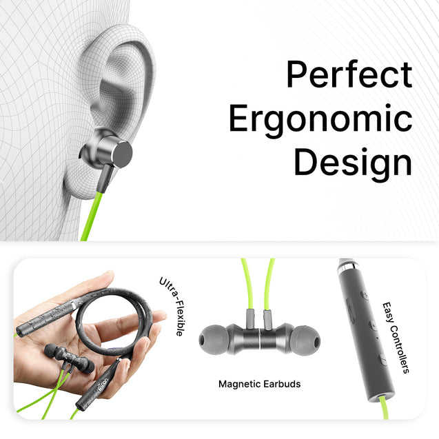 pTron Tangentbeat in Ear Bluetooth 5.0 Wireless Headphones with HD Mic, Deep Bass, Clear Calls, Dual Device Pairing Wireless Neckband, Fast Charging, Voice Assistant & IPX4 Water Resistant (Green/Grey)