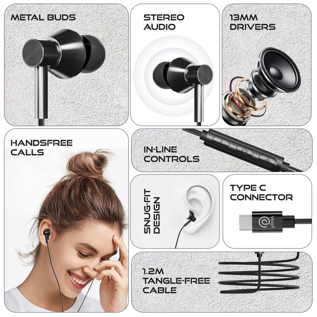 pTron Boom Play X1 In-Ear Type C Wired Headphones with Mic, 13mm Driver for Immersive Audio, 1.2m Fish Scale Style Tangle-free Cable, In-line Control, Metal Buds, Snug-fit & Wide Compatibility (Black)