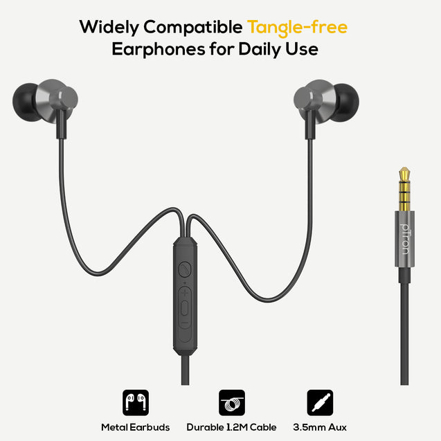 pTron Pride Lite in-Ear Wired in Ear Earphones with in-line Mic, 10mm Driver, Immersive Sound, Metal Buds, Compatible with 3.5mm Aux Port Device & 1.2m Tangle-Free Cable (Gray)
