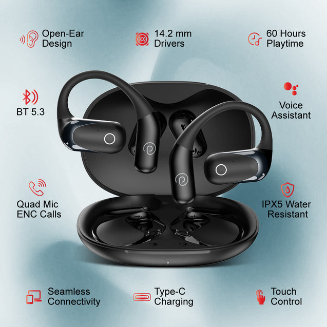 pTron Zenbuds Evo X2 Pro Open Ear Wireless Earbuds, SafeBeats Design, 4 QuadPro Mics with ENC Calls, 60H Playtime, Wraparound Audio, BT5.3 Headphones, Touch Control & Type C Fast Charging (Black)