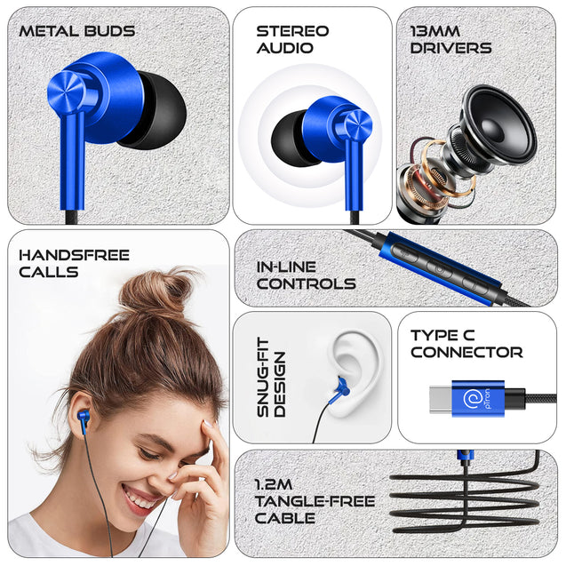 pTron Boom Play X1 In-Ear Type C Wired Headphones with Mic, 13mm Driver for Immersive Audio, 1.2m Fish Scale Style Tangle-free Cable, In-line Controls, Metal Buds, Snug-fit & Wide Compatibility (Blue)