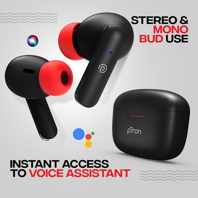 pTron Bassbuds Joy in-Ear Wireless Earbuds, Immersive Sound, 32Hrs Playtime, Clear Calls TWS Earbuds, Bluetooth V5.1 Headphone, Type-C Fast Charging, Voice Assist & IPX4 Water Resistant (Black & Red)
