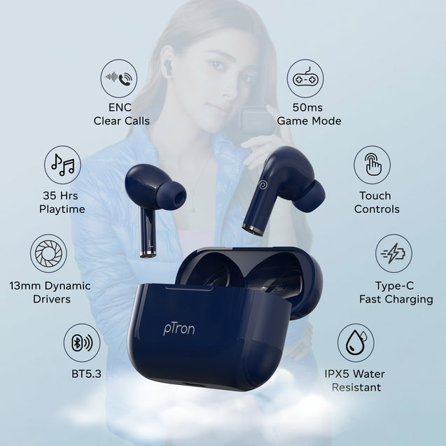 pTron Bassbuds Neo TWS Earbuds, HD Mic & TruTalk AI-ENC Calls, Immersive Sound, Game/Music Modes, 35H Playtime, in-Ear Bluetooth 5.3 Headphones, Type-C Fast Charging & IPX5 Water Resistant (Royal Blue)