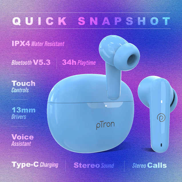 pTron Basspods Mojo TWS Earbuds (Light Blue)