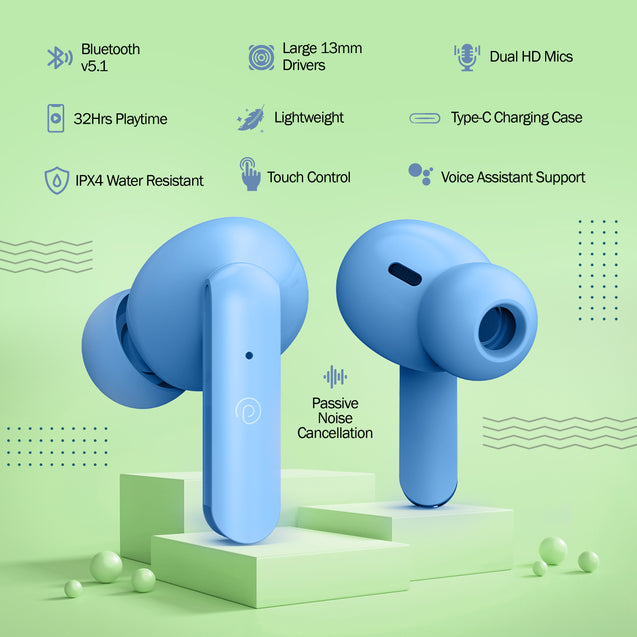 pTron Bassbuds Air In-Ear TWS Earbuds with 13mm Driver for Immersive Sound, 32Hrs Playtime, Clear Calls, Bluetooth V5.1, Touch Control, TypeC Fast Charging, Voice Assist & IPX4 Water Resistant (Blue Matt)