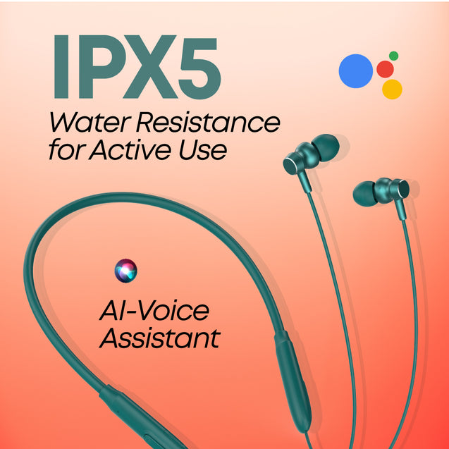 pTron Tangent Flex Bluetooth 5.3 Wireless In Ear Headphone with Mic, 38H Playtime, 13mm Driver, Dual Device Pairing Wireless Neckband, Type-C Charge, Magnetic Buds & IPX5 Water Resistant (Forest Green)