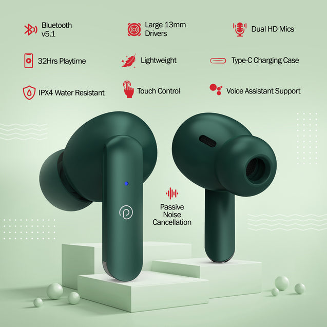 pTron Bassbuds Air In-Ear TWS Earbuds with 13mm Driver for Immersive Sound, 32Hrs Playtime, Clear Calls, Bluetooth V5.1, Touch Control, TypeC Fast Charging, Voice Assist & IPX4 Water Resistant (Green)