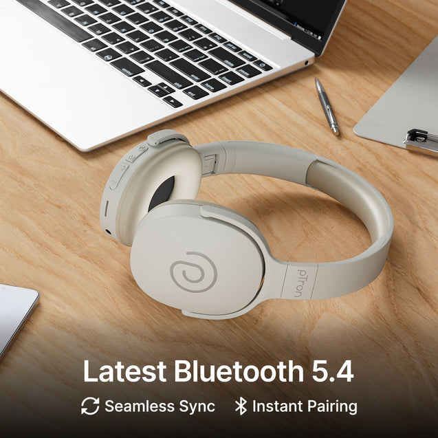 pTron Studio w/ 60Hrs Playtime, Wireless Over-Ear Headphones with HD Mic, Immersive Sound, 40mm Drivers, Bluetooth V5.4, Dual-Device Pairing, 3.5mm Aux Port, TF Card Slot & Type-C Fast Charging (Beige)
