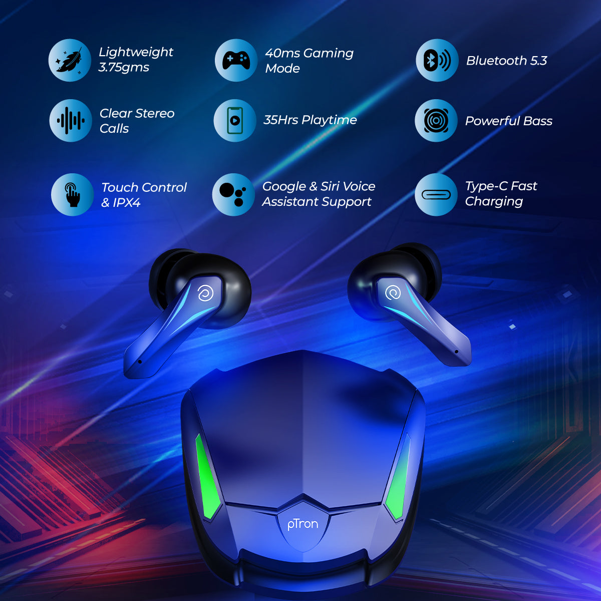 pTron Basspods Flare Gaming TWS Earbuds (Blue)