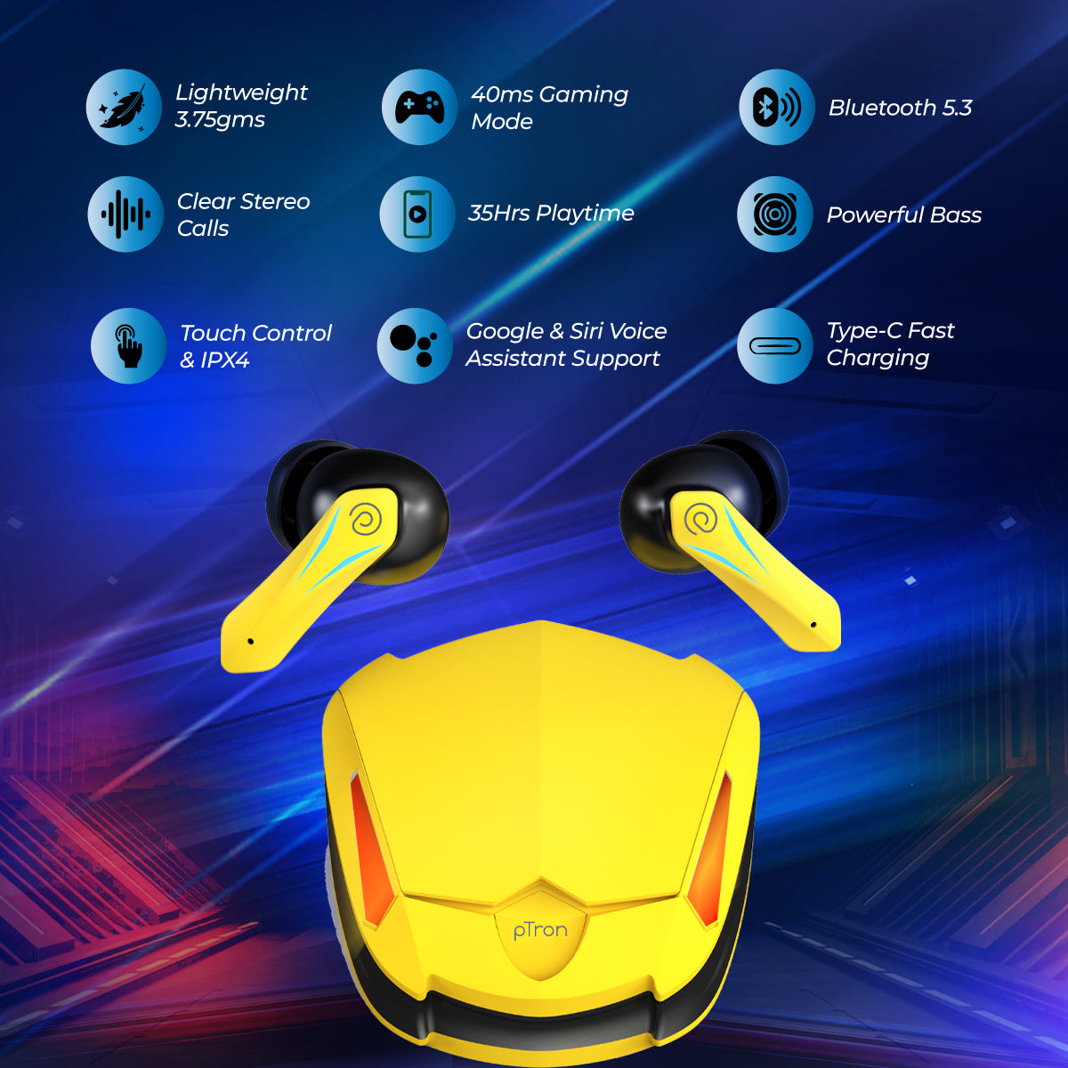 pTron Basspods Flare Gaming TWS Earbuds (Yellow)